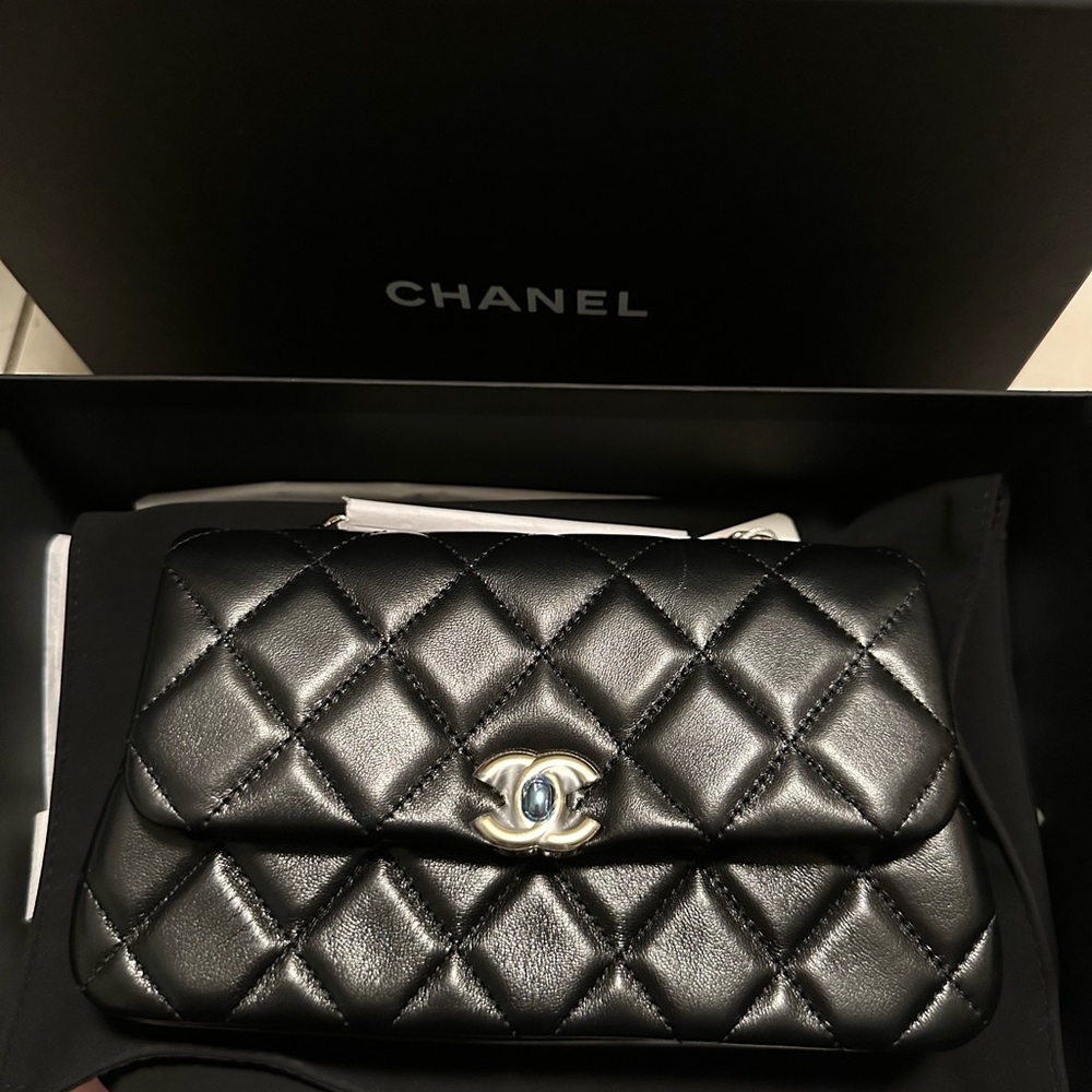Chanel 25S Black Quilted Lambskin Light Gold Hardware Phone Holder with Chain